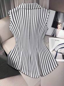 GlowEve CURVE Áo khoác vest không tay ve kẻ sọc thời trang cỡ lớn, thích hợp mặc đi làm hàng ngày, mùa hè - Đen và trắng - Xem 2