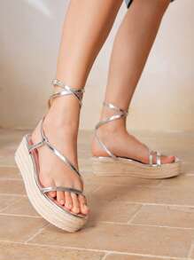 Styleloop Canvas Wedge Lace-Up Sandals, Casual Vacation Style - Silver - View 3