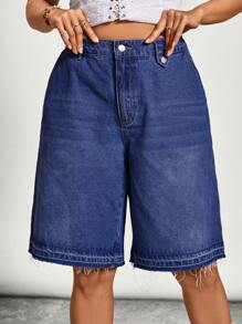 Freevana 大码破洞牛仔短裤，宽松版型，蓝色 - 深色水洗藍 - 查看 6