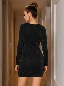 EURMUSE Vestido curto justo com brilho elegante para mulheres - Azul marinho - Ver 2