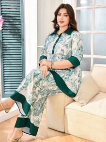 Lacomfia Plus Size Elegant Women 2 Pieces Set: Floral Print Half Sleeve Shirt And Pants - Green - View 1