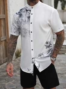 Manfinity RSRT Men's Woven Digitally Positioned Branch Print Shirt And Shorts Set - Black and White - View 4