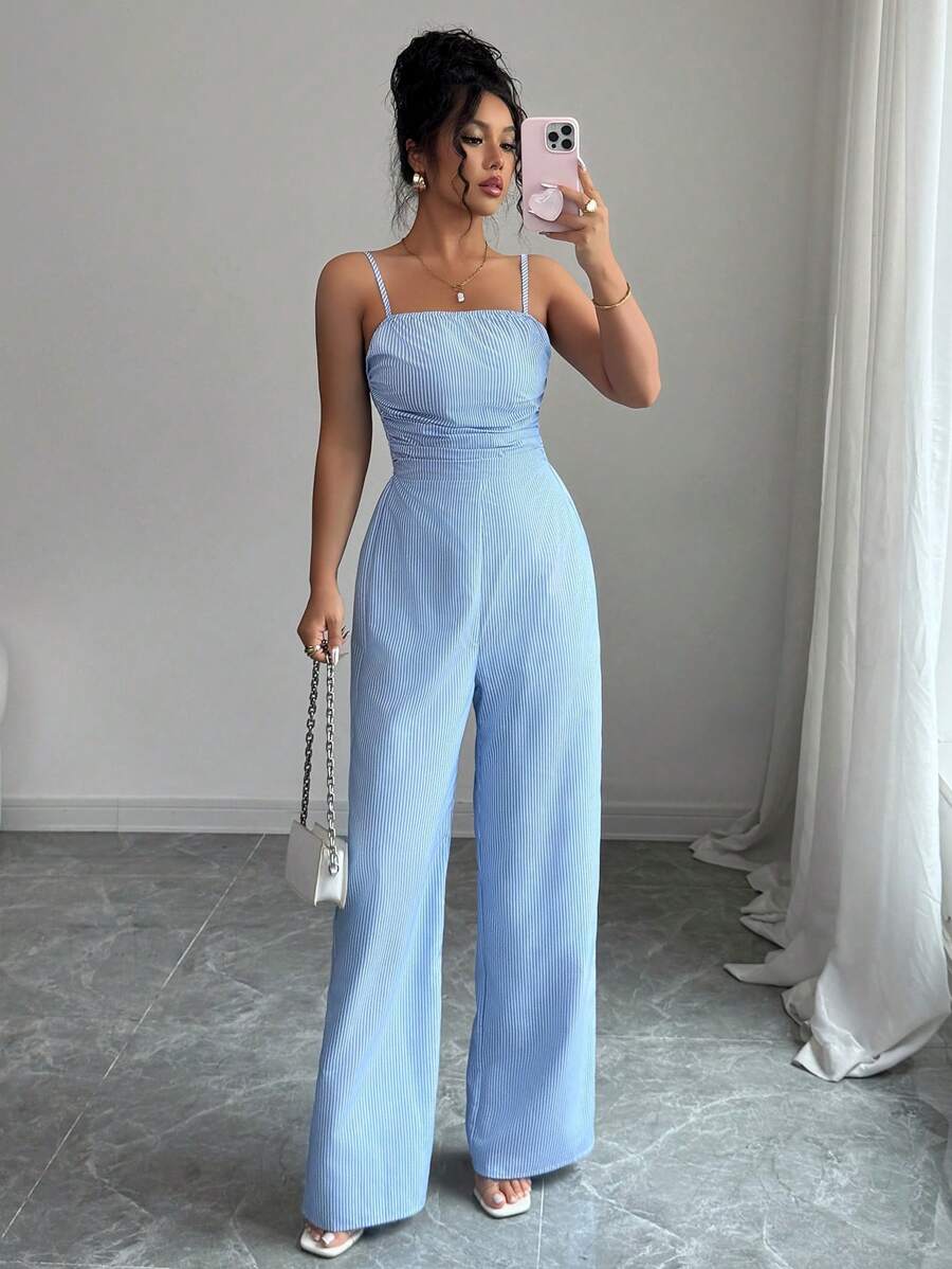 Rafferiza 女式优雅休闲条纹无袖连体裤，正面系带，褶饰细节 - 藍色 - 查看 1