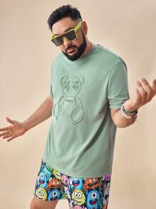 EASEVO Men's Plus Size Letter Printed Bear Embossed Stretchy Knit T-Shirt, Summer - Green - View 4