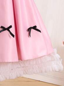 SHEIN 少女优雅露肩连衣裙，3D蝴蝶结和珍珠肩带，腰部褶皱网眼雪纺拼接，婚纱 - 淺粉色 - 查看 6