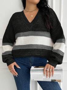 SHEIN Cottnline Plus-Size Women's Color Block Long Sleeve Sweater Pullover - Black - View 3