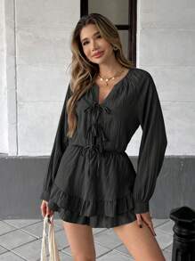 Pariaura 休闲度假蝴蝶结带双层荷叶边下摆黑色连体衣 - 黑色 - 查看 3