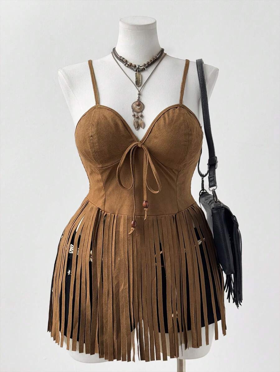 Sunspun Correa de flecos casual de moda de festival, estilo bohemio, hippie, vaquera, nueva riqueza - Marrón - Ver 1