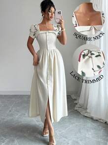 Elenzga Summer Vacation Bohemian Square Collar Mesh Embroidered A-Line Button-Up Cinched Waist Short Sleeve Mid-Length Dress For Women - Apricot - View 1