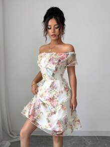 Elenzga Đầm trễ vai họa tiết hoa thanh lịch cho nữ, thiết kế thanh lịch, thắt eo, thời trang và phù hợp cho các buổi tụ họp hàng ngày, tiệc tùng, mùa xuân/hè - Nhiều màu - Xem 3