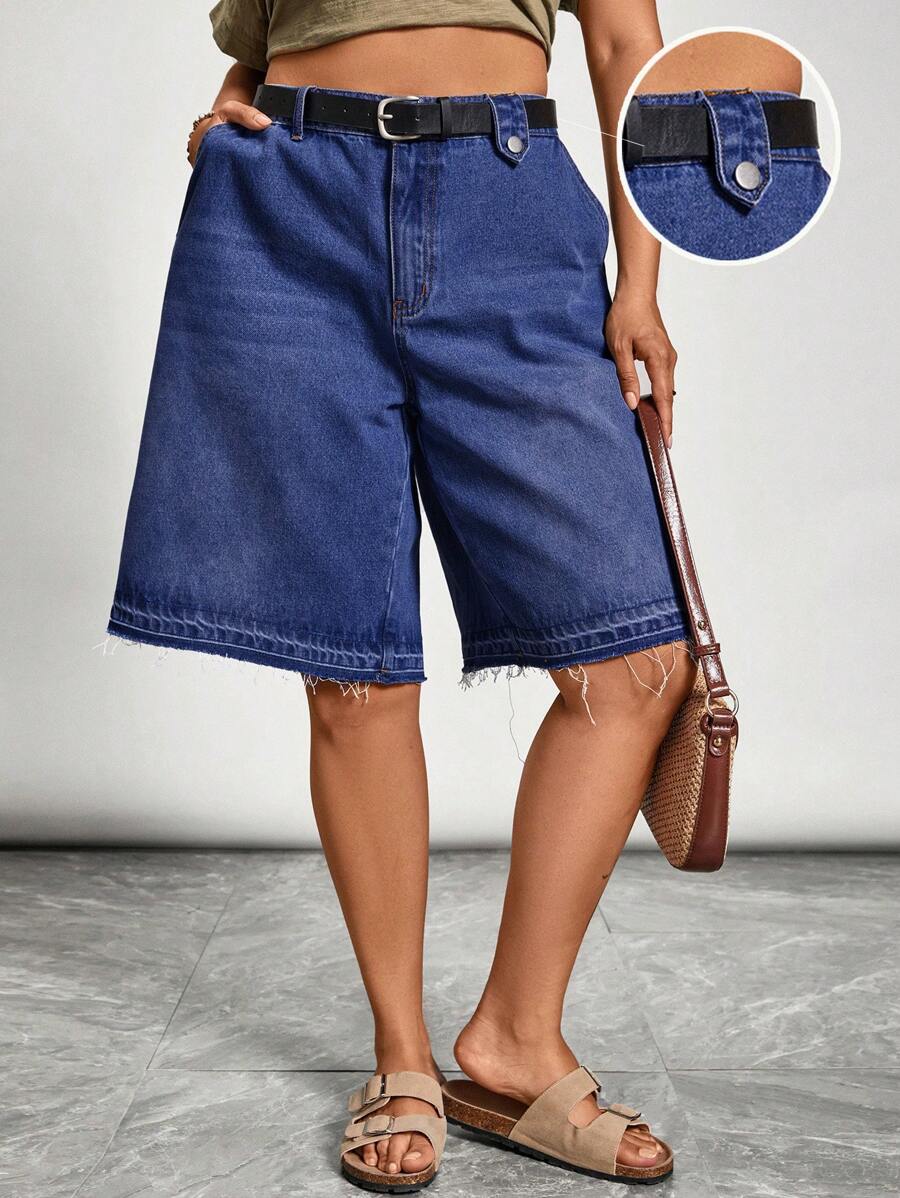 Freevana 大码破洞牛仔短裤，宽松版型，蓝色 - 深色水洗藍 - 查看 1