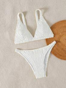 SHEIN Swim Bộ bikini gợi cảm vải họa tiết trơn màu Springbreak dành cho nữ, dây đeo vai xếp nếp ngẫu nhiên, đồ bơi đi biển mùa hè - trắng - Xem 5