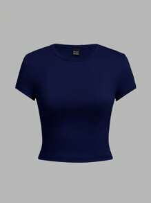 SHEIN EZwear 4 件套休闲圆领短袖紧身女式 T 恤，黑色、藏青色、深灰色、白色，适合夏季 - 彩色 - 查看 2