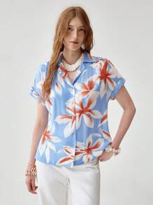 SHEIN Unity Damen Urlaubs Lässig Boho Muster Bluse - Blau - Übersicht 2