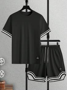 Manfinity Homme 男士夏季休闲拼色条纹T恤和短裤套装 - 黑色 - 查看 5