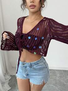 Elenzga Women's Hollow-Out Vacation Style Elegant Lace-Up Sequins Knit Cardigan, Suitable For Spring & Summer - Purple - View 5