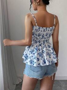 Elenzga Women's Floral Print Elegant Romantic Summer Cami Top - Blue - View 2