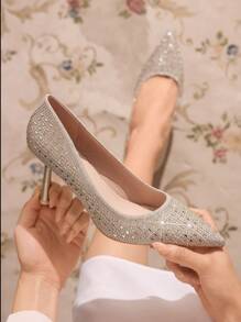CUCCOO TILAWA Black Rhinestone Embellished Pointed Toe High Heel Stilettos, Fashionable For Formal Events & Party For Christmas - Gold - View 2