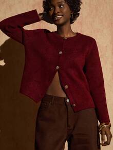 Bóhologie Pique Knitting Type Thick Knitted Cardigan With Gold Button Accessory Elegant Style Burgundy Cardigan,Cardigans For Women,Long Cardigans Woman,Petite Cardigans,Cardigans - Burgundy - View 3