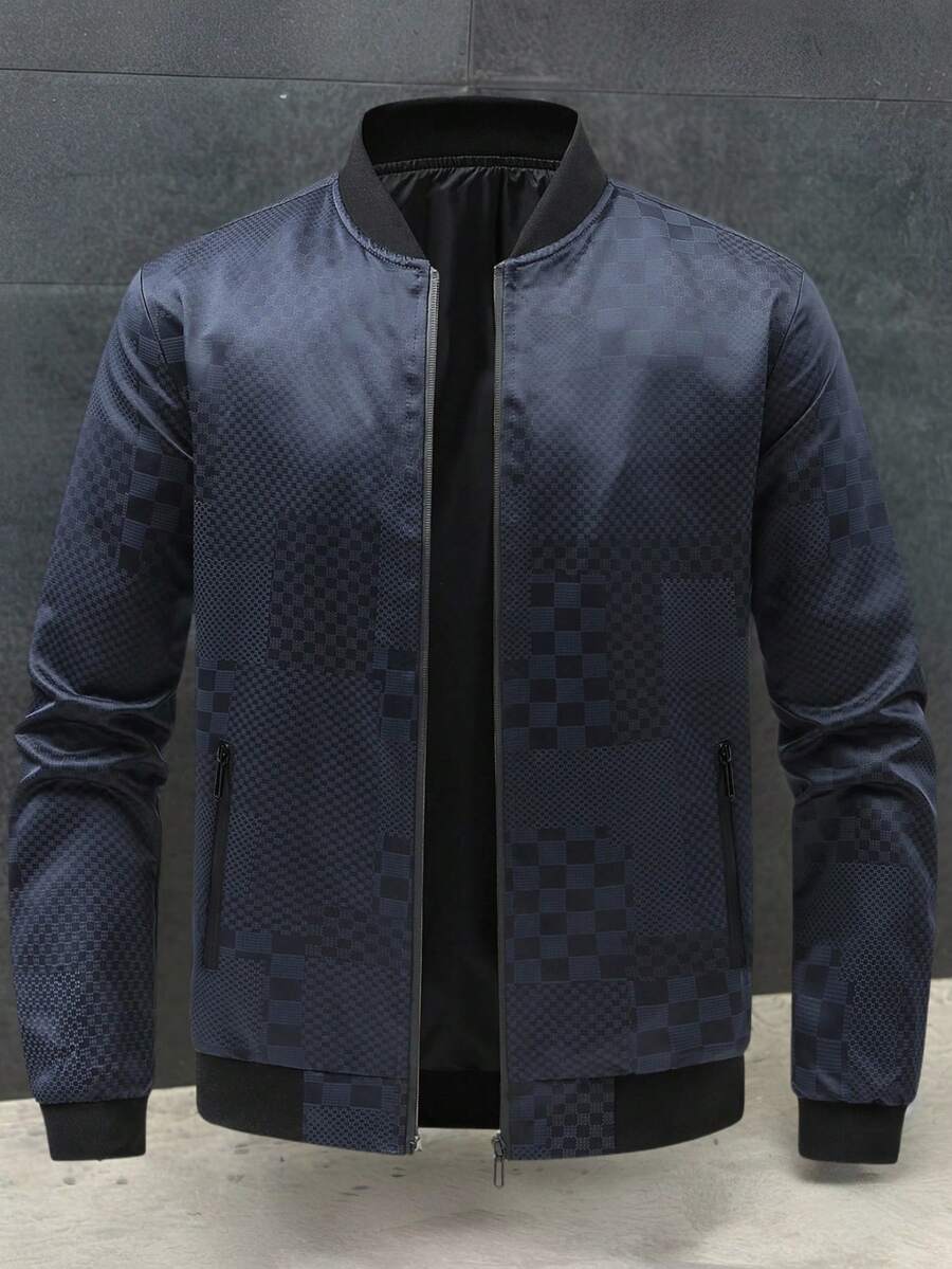 Manfinity Homme Men's Checkerboard Print Long Sleeve Zip-Front Casual Baseball Jacket - Navy Blue - View 1