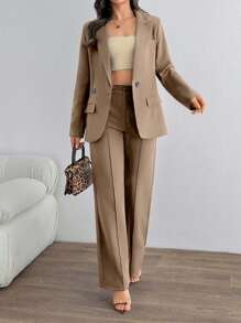 SHEIN Cottnline Damkostym med asymmetriskt, elegant set med dubbla knappar och kaffebrunt mönster - Beige - Visa 4