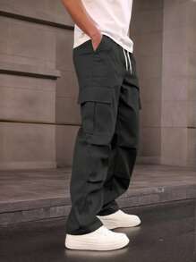 Pantalón cargo casual de hombre de unicolor con cordón, ropa de calle diaria