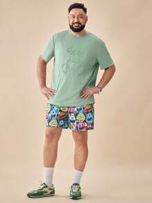 EASEVO Men's Plus Size Letter Printed Bear Embossed Stretchy Knit T-Shirt, Summer - Green - View 3