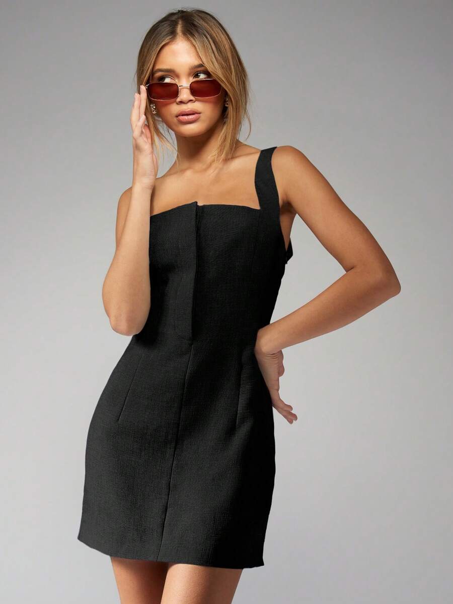 MISSGUIDED 经典亚麻质感迷你连衣裙，无袖A字裙摆，夏季商务休闲派对、职业办公、正式场合、婚礼宾客皆宜 - 黑色 - 查看 1