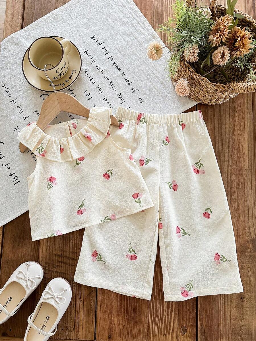 SHEIN LMoss Kids Babygirl Floral Print Frill Hem Sleeveless Top And Elastic Waist Pants Suit, Summer Vacation - White - View 1