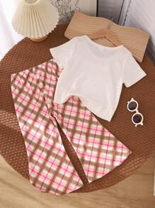 Young Girl Cute Cartoon Bear & Plaid Pattern Short Sleeve T-Shirt And Pants Set, Casual Home/Sleepwear Outfit - Multicolor - View 2