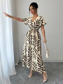 Selianne 女士度假雪纺法式优雅褶皱喇叭袖腰带可调节下摆开衩 A 字裙，适合海滩、下午茶派对 - 棕色 - 查看 3