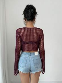 Elenzga Women's Hollow-Out Vacation Style Elegant Lace-Up Sequins Knit Cardigan, Suitable For Spring & Summer - Purple - View 4