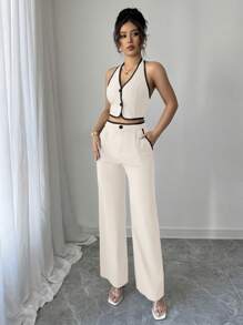 SHEIN PETITE 2件套女士通勤风格单排扣吊带上衣和裤子套装 - 杏色 - 查看 5