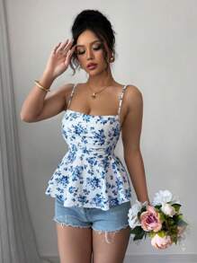 Elenzga Women's Floral Print Elegant Romantic Summer Cami Top - Blue - View 3