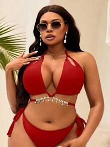 Slaydiva 加大码女式纯色露背系带三角杯水晶装饰链条性感时尚休闲度假泳衣上衣 - 紅色 - 查看 5