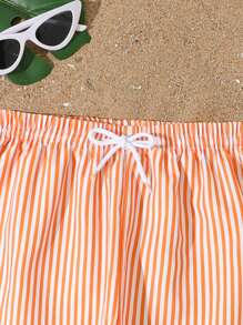 SHEIN Striped Beach Shorts, Essential For Beach, Pool Party And Summer Days Summer Holiday - Orange - View 4