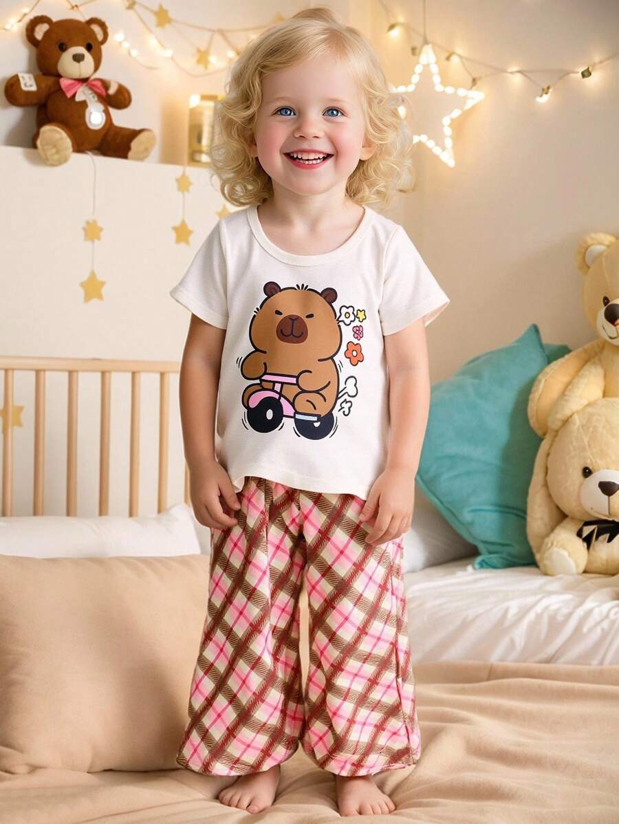 Young Girl Cute Cartoon Bear & Plaid Pattern Short Sleeve T-Shirt And Pants Set, Casual Home/Sleepwear Outfit - Multicolor - View 1