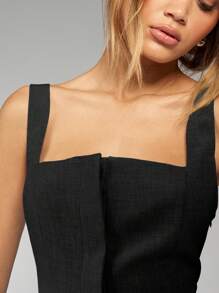 MISSGUIDED 经典亚麻质感迷你连衣裙，无袖A字裙摆，夏季商务休闲派对、职业办公、正式场合、婚礼宾客皆宜 - 黑色 - 查看 6