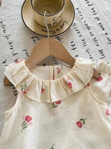 SHEIN LMoss Kids Babygirl Floral Print Frill Hem Sleeveless Top And Elastic Waist Pants Suit, Summer Vacation - White - View 3