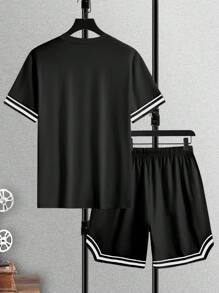 Manfinity Homme 男士夏季休闲拼色条纹T恤和短裤套装 - 黑色 - 查看 2