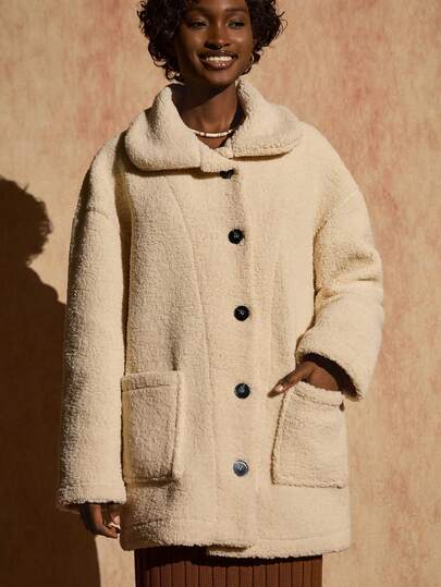 Bóhologie Women Solid Color Front Button And Pocket Detailed Extra Fluffy Long Coats Women Winter Coat