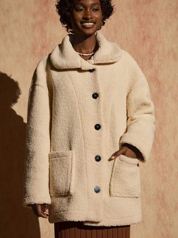 Bóhologie Women Solid Color Front Button And Pocket Detailed Extra Fluffy Long Coats Women Winter Coat