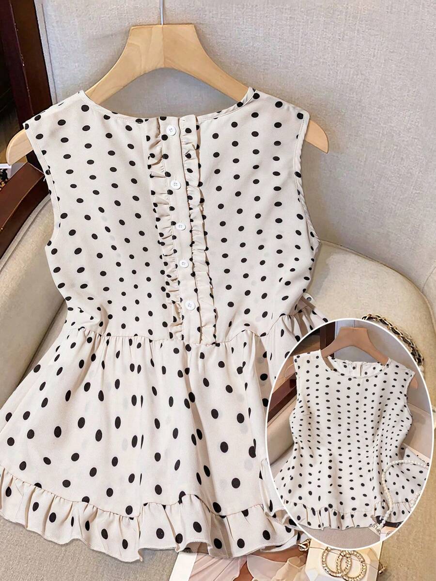 SHEIN Clasi 女式无袖圆点褶饰后背荷叶边下摆衬衫上衣