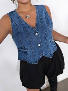 SHEIN ICON Plus Size Denim Sleeveless Vest, Casual Fitted Style, Blue,Back To School - Medium Wash - View 3
