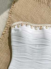 Swim Vcay Beach Summer Women's Fashion Solid Color Textured Seashell & Starfish Pendant Detachable Strapless & Halter Backless Hollow Out Sexy One-Piece Swimsuit White