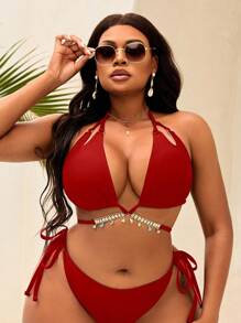 Slaydiva 加大码女式纯色露背系带三角杯水晶装饰链条性感时尚休闲度假泳衣上衣 - 紅色 - 查看 1