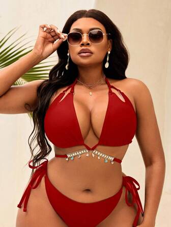 Slaydiva Top de traje de baño de talla grande para mujer, de unicolor, con diseño de triángulo con lazada en el cuello, taza cristalina decorada y cadena, para un look sexy y casual para vacaciones