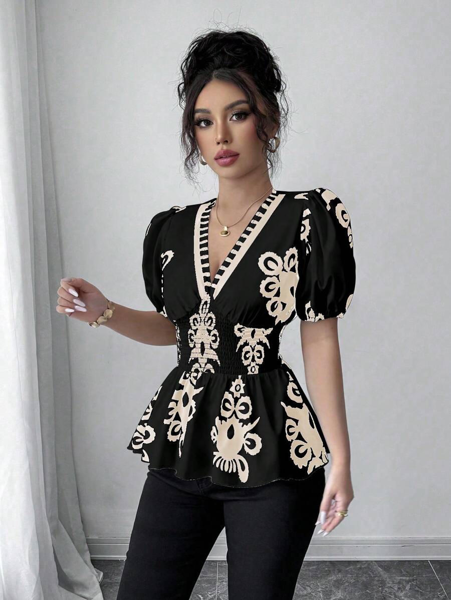 Chiquease 女式 V 领荷叶边抽绳腰短袖衬衫，休闲优雅印花衬衫，适合日常、工作、波西米亚风、音乐节、春夏季