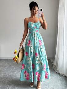 Selianne 波西米亚风无袖系腰印花中长连衣裙，适合女士、节日和夏季穿着 - 綠色 - 查看 5