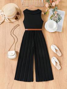 SHEIN Elladie kids 年轻女孩杏色翻领纽扣连体裤，带有褶边细节，适合日常通勤和休闲穿着 - 黑色 - 查看 2